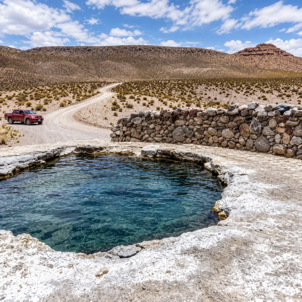Poza de agua junto a un muro de piedra en las Termas de Ancuaque